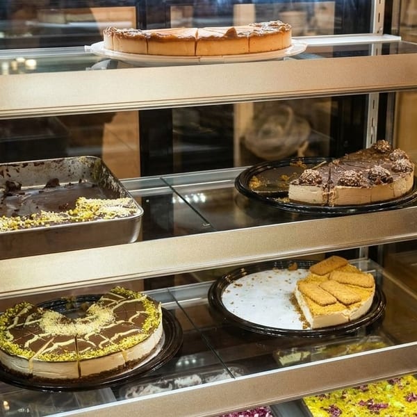 A display case filled with various partially eaten cakes and desserts, including chocolate and pistachio.