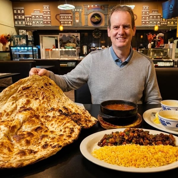 A man smiles, holding a large piece of flatbread, with Yemeni food on a table.