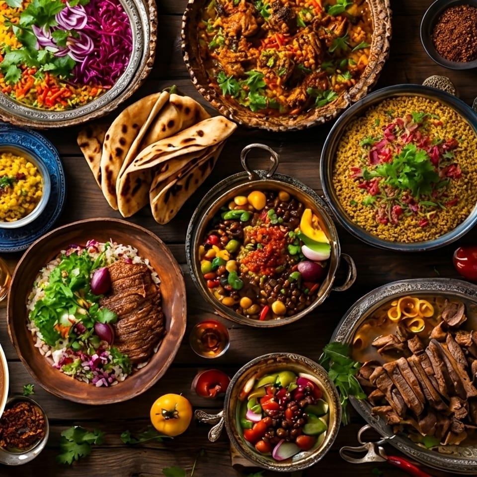 A vibrant spread of Yemeni dishes, including rice, stews, flatbread, and salads, on a wooden table.