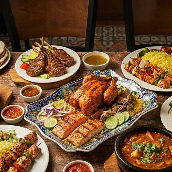 A table laden with various Middle Eastern dishes, including grilled meats, rice, stews, and flatbread.