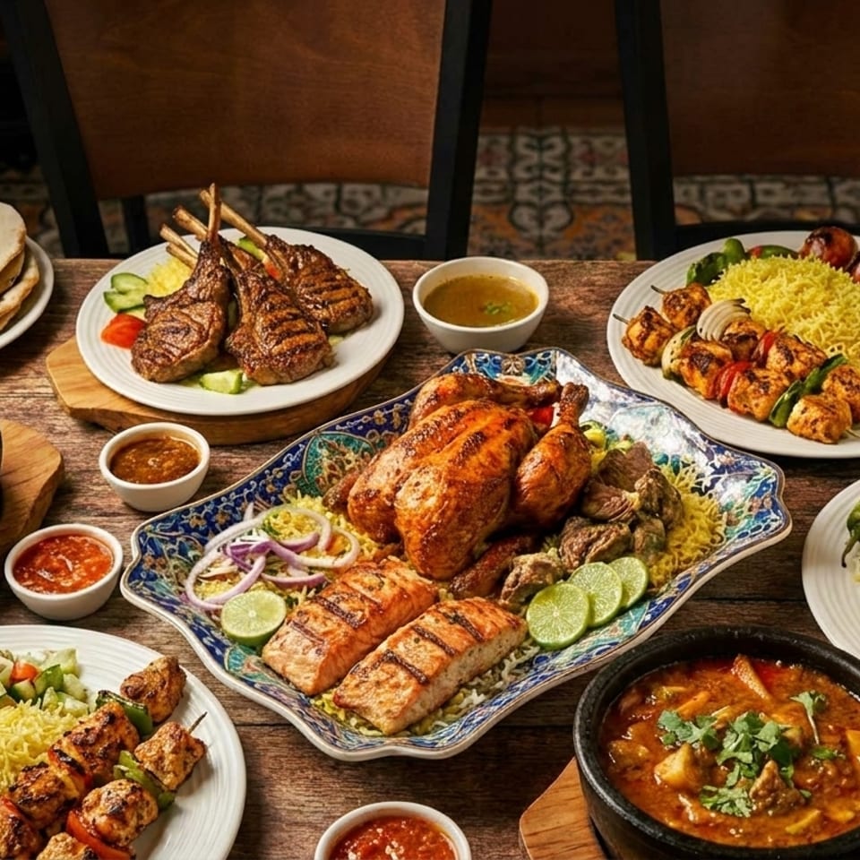 A table laden with various Middle Eastern dishes, including grilled meats, rice, stews, and flatbread.