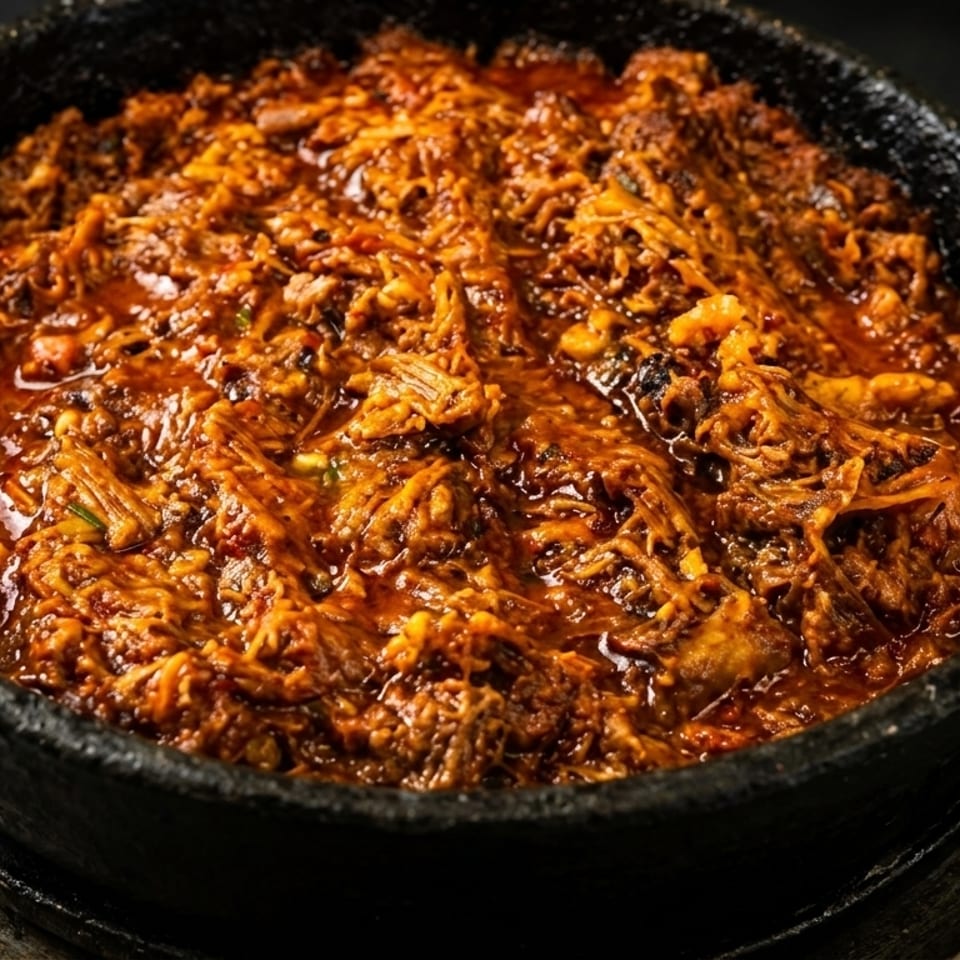 Close-up of a sizzling, rich red stew with shredded meat in a rustic black pot.