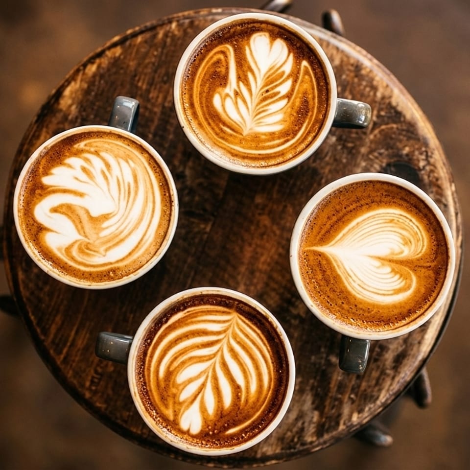 Four cups of coffee with intricate latte art, including hearts and leaves, on a rustic wooden table.